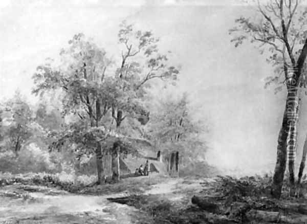 A wooded landscape with peasants resting near a barn Oil Painting - Wijnandus Johannes Josephus Nuijen