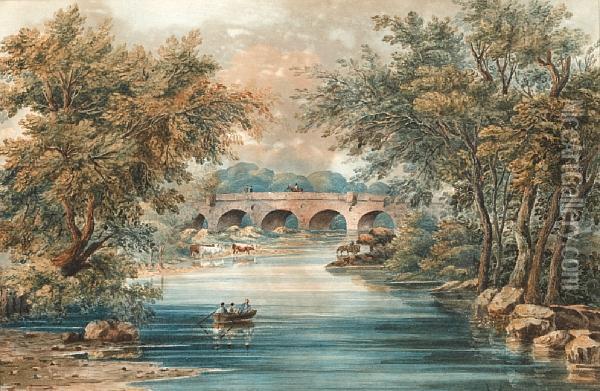 River Landscape With Bridge, Possiblycheshire Oil Painting - John Varley
