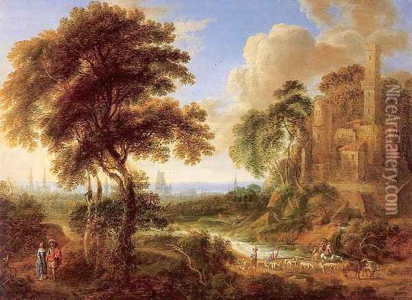Landscape with a Castle and Town in the Distance Oil Painting - Gilles Neyts