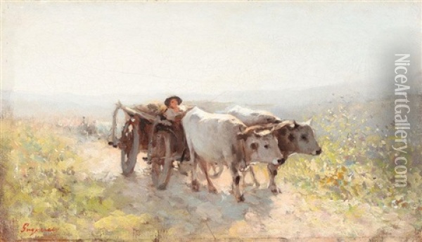 Car Cu Boi, Pe Cale, De Dimineata Oil Painting - Nicolae Grigorescu