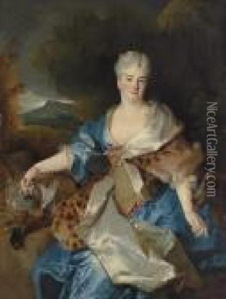 Portrait Of A Lady As Diana The 
Huntress, Three-quarter-length, Seated, In A Blue Dress With A Jewelled 
And Gold-embroidered Bodice And A Silk-lined Leopard-skin Mantle, With A
 Hound And A Brace Of Fowl, In A Landscape Oil Painting - Nicolas de Largillierre