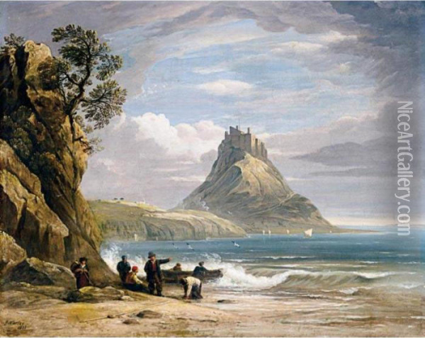 View Of St Michael's Mount With Fishermen In The Foreground Oil Painting - John Varley