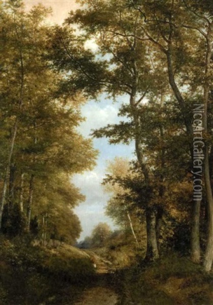L'allee De Bas Breau A Barbizon (collab. W/theodore Rousseau) Oil Painting - Francois Auguste Ortmans
