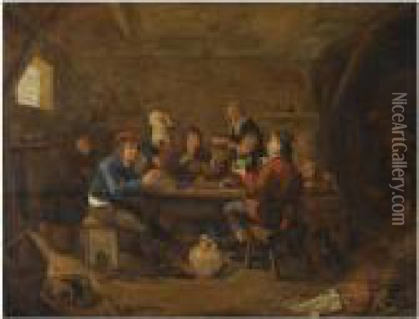 Figures Drinking And Smoking In An Inn, With An Amorous Couplein The Background Oil Painting - Jan Miense Molenaer