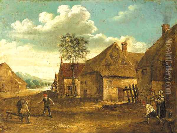 Boors playing at skittle on a farmyard Oil Painting - David The Younger Teniers