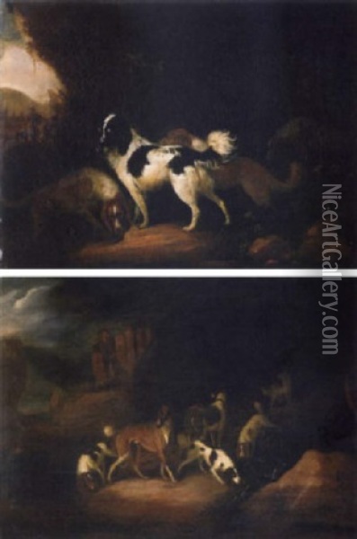 A Lurcher And Spaniel In A Rocky Landscape Oil Painting - Adriaen Cornelisz Beeldemaker