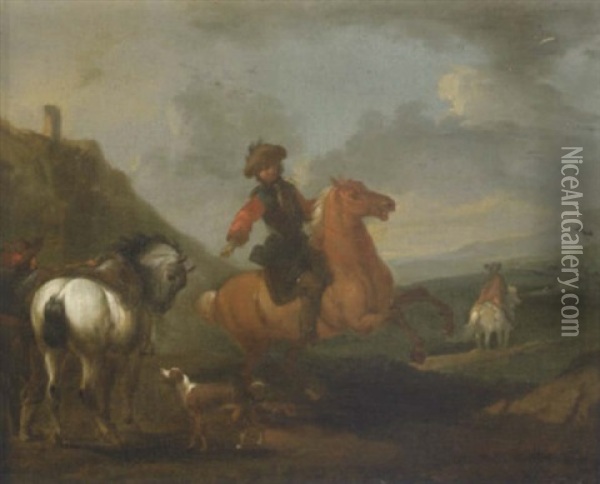 A Riding Party Preparing To Depart In A Mountainous Landscape Oil Painting - August Querfurt