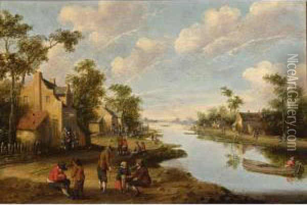 A River Landscape With Figures Resting Near An Inn, A Fisherman In A Boat To The Right Oil Painting - Cornelius Droochsloot
