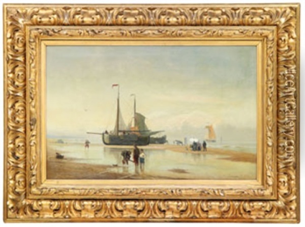 Strandlandskap Med Figurer Och Fiskebatar Oil Painting - Viggo Fauerholdt