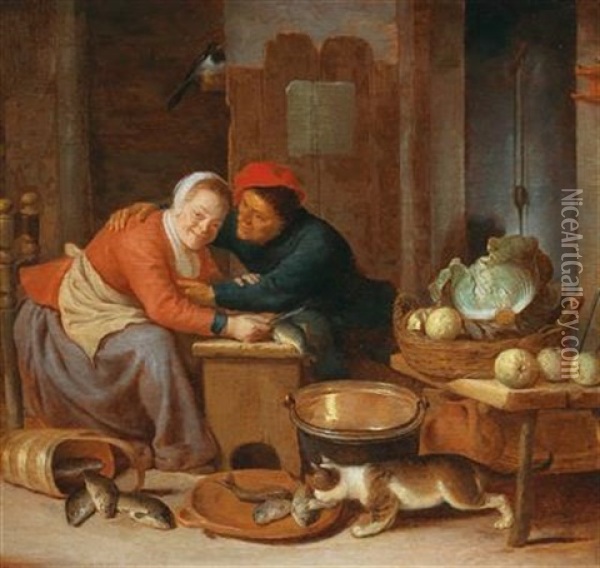 A Peasant Couple Cleaning Fish Oil Painting - Hendrick Martensz Sorgh