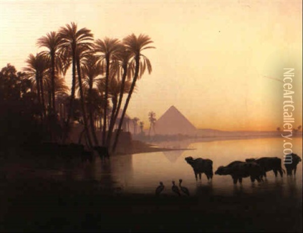 Along The Nile At Gyzeh Oil Painting - Charles Theodore (Frere Bey) Frere