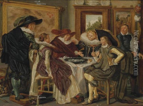 Elegant Company Feasting In An Interior Oil Painting - Dirck Hals