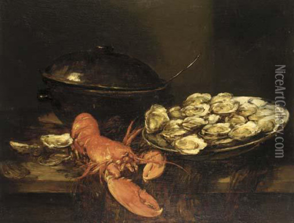 Oysters, A Lobster, And A Soup Tureen On A Table Oil Painting - Antoine Vollon