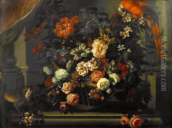 A Still Life Of Roses, Carnations With Otherflowers And A Monkey And A Parrot Oil Painting - Pieter III Casteels