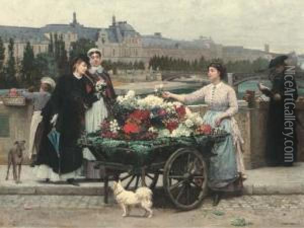 The Flower Seller On The Pont Royal With The Louvre Beyond,paris Oil Painting - Marie-Francois-Firmin Girard
