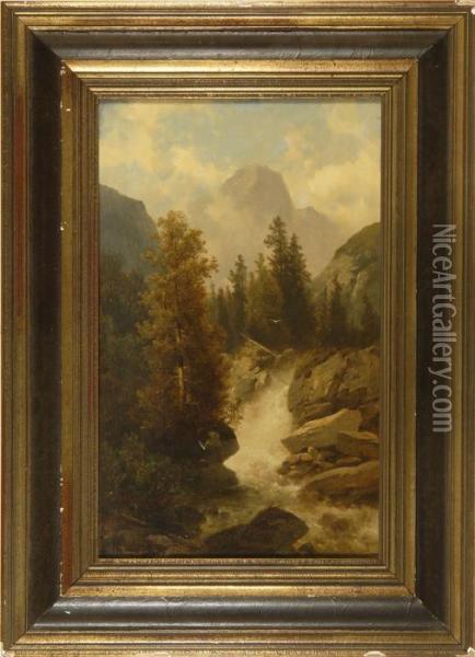 Mountain Waterfall Oil Painting - Josef Thoma