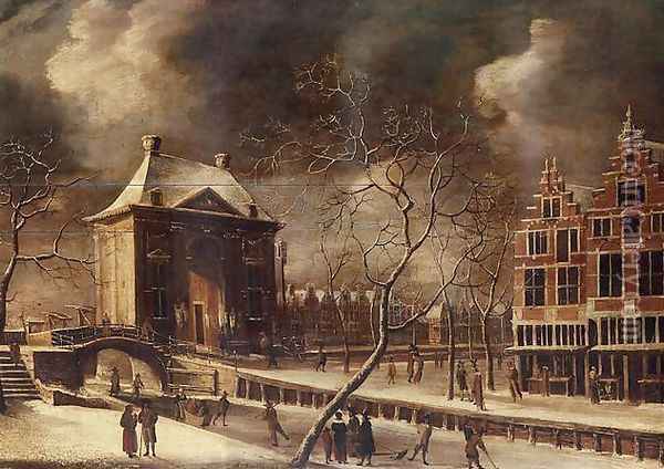 The Heiligewegspoort, Amsterdam, from the north-east in winter, with skaters on the frozen canal 1662-64 Oil Painting - Abraham Beerstraten