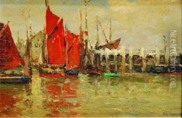 Vue D'un Port A La Voile Rouge Oil Painting - Adrien Le Mayeur De Merpres