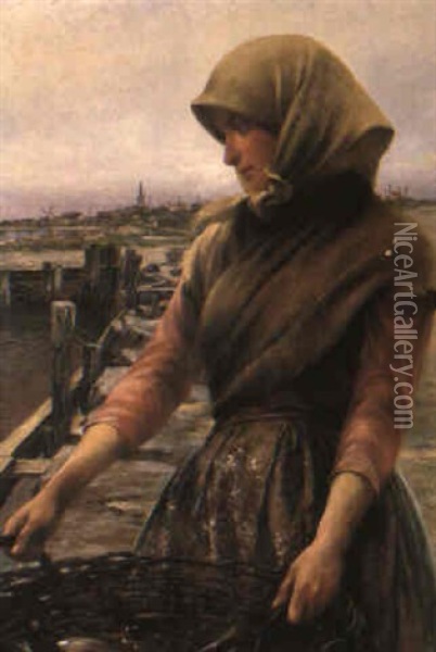 Fiskarflicka Med Korg Oil Painting - August Vilhelm Nikolaus Hagborg