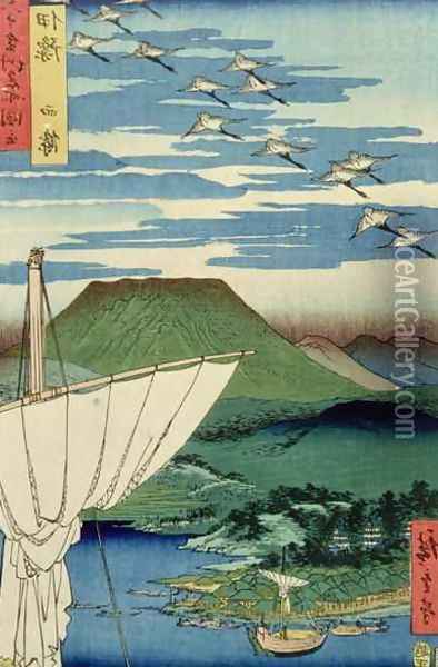 Boats village and castle at Ueno Iyo Province from Famous Places of the Sixty Provinces Oil Painting - Utagawa or Ando Hiroshige