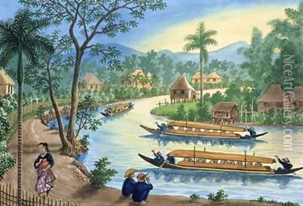 View near the Town of Tagnig on the Pasig River Oil Painting - Jose Honorato Lozano