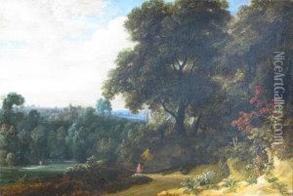 Figure Seated With Trees And Town Beyond Oil Painting - Jacques D Arthois
