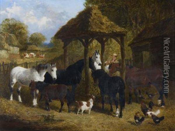 Feeding The Horses Oil Painting - John Frederick Herring Snr