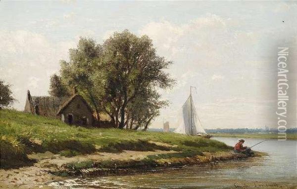 Extensiveriver Landscape With A Small Farm House And An Angler. Oil Painting - Emile Charles Lambinet