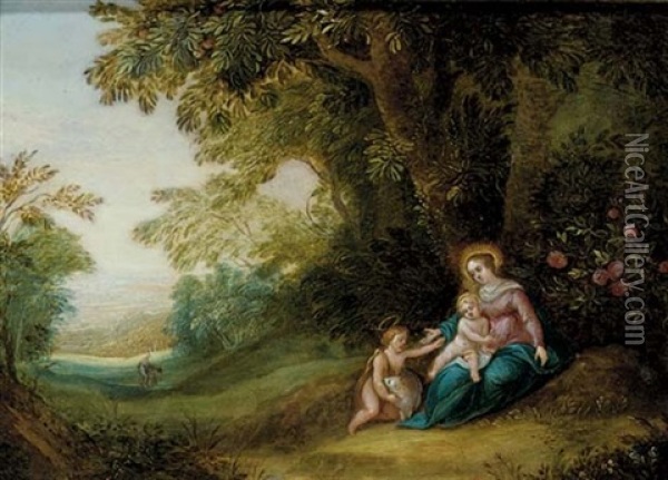 The Virgin And Child With The Infant Saint John The Baptist In A Wooded Landscape Oil Painting - Jasper van der Laanen