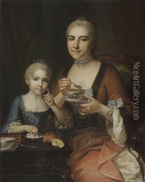 A Portrait Of An Elegant Lady And Her Daughter Drinking Coffee Oil Painting - Jean Chevalier