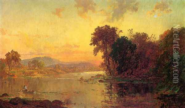 Fisherman in Autumn Landscape Oil Painting - Jasper Francis Cropsey