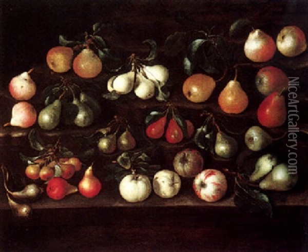 A Still Life Of Peaches, Pears, Apples And Figs, All On Ledges Oil Painting - Bartolommeo Bimbi