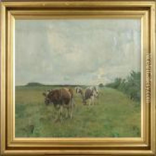Cows In The Field Oil Painting - Harald Kjaer