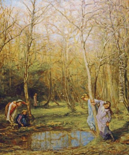 Kingcups: Girls In A Forest In Springtime Oil Painting - Edgar Barclay