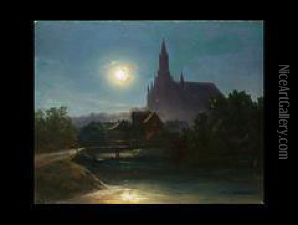 Die Auer Kirche Bei Mondschein Oil Painting - Karl Heilmayer