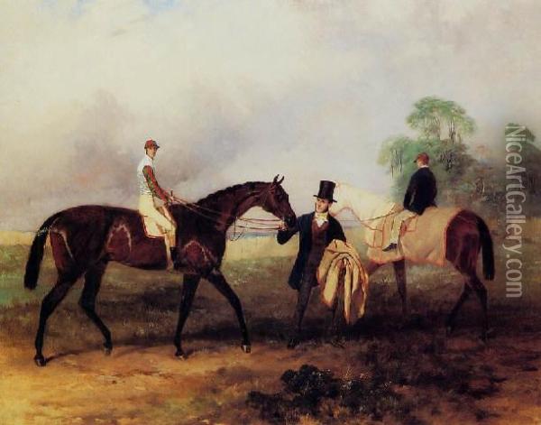 Mr. F. L. Popham's Wild Dayrell With Robert Sherwood Up And Mr. Rickaby, His Trainer Oil Painting - Harry Hall