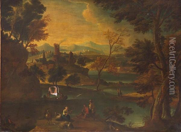An Extensive Classical Landscape With Figures In The Foreground Oil Painting - Francesco Zuccarelli
