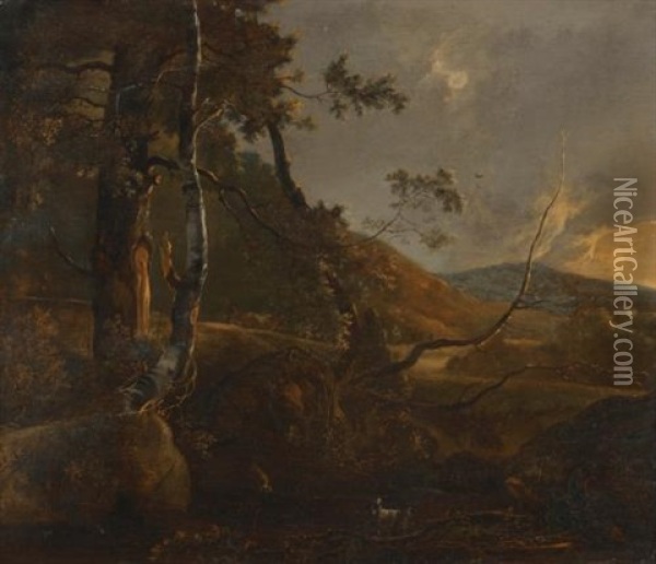 A Wooded Landscape With A Herdsman On A Path And A Loan Goat In The Foreground Oil Painting - Adam Pynacker
