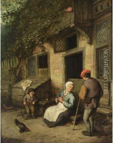 A Man And A Woman Conversing Outside A House, A Boy Playing With A Hoop Nearby Oil Painting - Adriaen van Utrecht