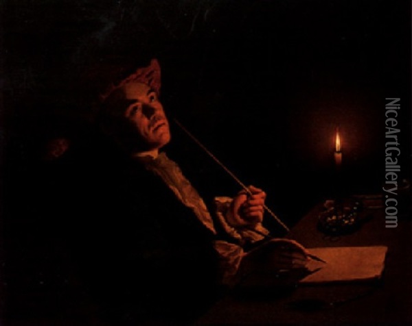 Portrait Of A Man Writing By Candlelight Oil Painting - Christian Friedrich Reinhold Lisiewski