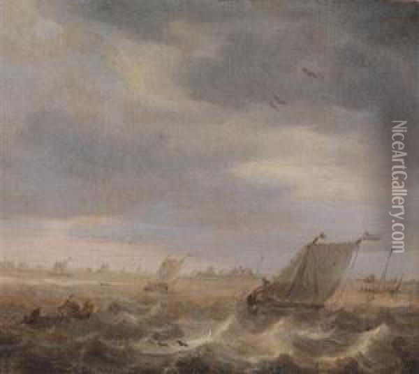 Fishing Boats Off The Coast, On A Choppy Sea Oil Painting - Abraham Susenier