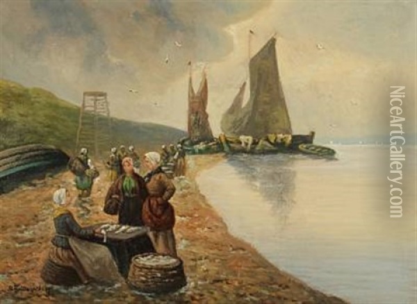 Coastal Scene With A Fisherman's Wife Selling Fish Oil Painting - Adolf (Constantin) Baumgartner-Stoiloff