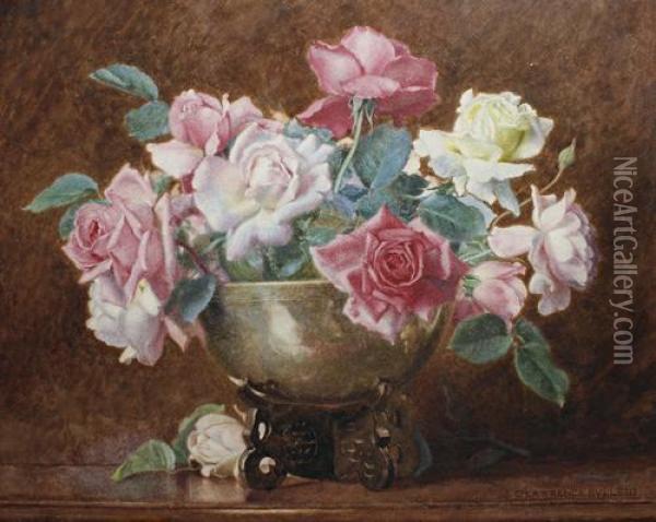 A Still Life Of Roses In A Bowl Oil Painting - George Lawrence Bulleid