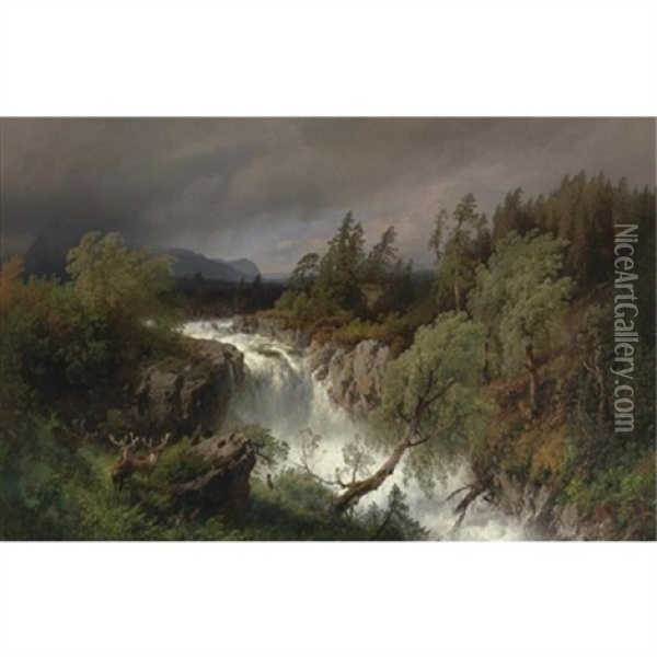 Bucks By A Rushing Waterfall Oil Painting - Hermann Herzog