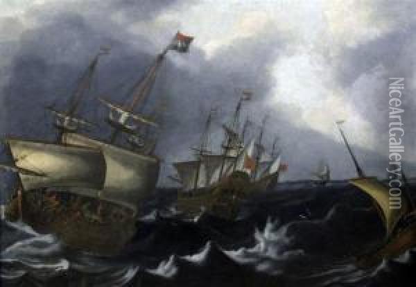 Shipping In Rough Seas Oil Painting - Matthieu Van Plattenberg