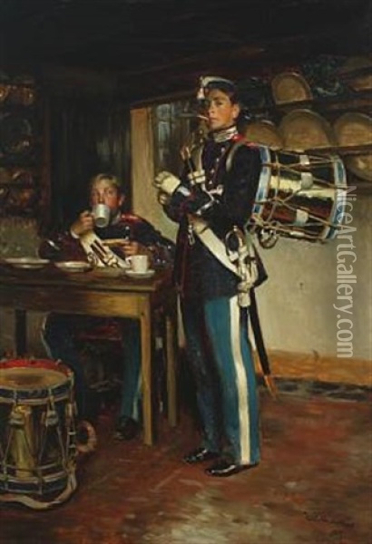 Two Drum Majors In The Guards Room Oil Painting - Vilhelm Rosenstand