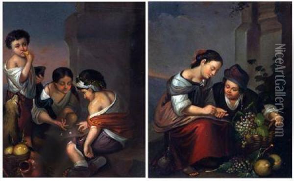 Young Boys Playing Dice And Young Fruit Seller Oil Painting - Bartolome Esteban Murillo