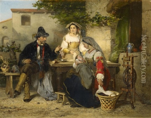 Italienische Idylle. Junge Familie Bei Wein Und Brot Vor Dem Hause Oil Painting - Karel Frans Philippeau