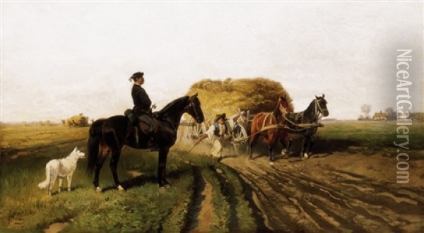 Szemle A Majorsagban (visit To The Farm) Oil Painting - Hans (Johann) Haag