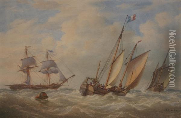 French Fishing Vessels And A Merchantman In Choppy Weather Oil Painting - Joy William & John